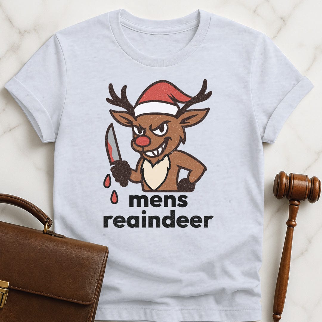 christmas attorney graphic t-shirt that says Mens reaindeer with reindeer spelled r e a indeer featuring Rudolph the reindeer with a santa hat and a bloody knife in grey