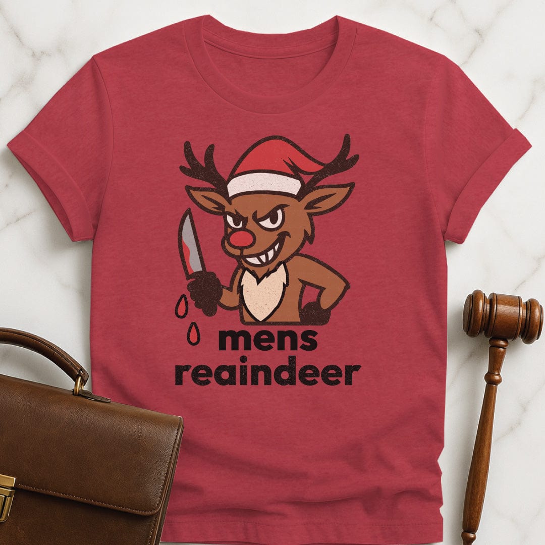 christmas law school grad graphic tshirt that says Mens reaindeer with reindeer spelled r e a indeer featuring Rudolph the reindeer with a santa hat and a bloody knife in heather red
