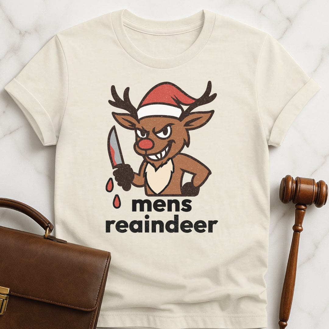 christmas law graduate graphic t-shirt that says Mens reaindeer with reindeer spelled r e a indeer featuring Rudolph the reindeer with a santa hat and a bloody knife in cream