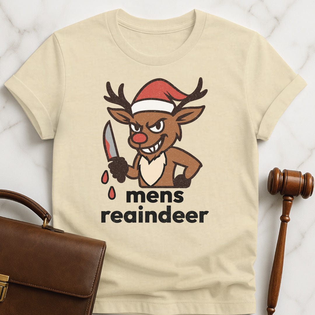 christmas law student tshirt that says Mens reaindeer with reindeer spelled r e a indeer featuring Rudolph the reindeer with a santa hat and a bloody knife in cream