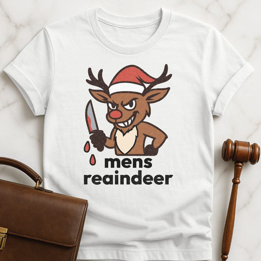 christmas attorney graphic tshirt that says Mens reaindeer with reindeer spelled r e a indeer featuring Rudolph the reindeer with a santa hat and a bloody knife in white