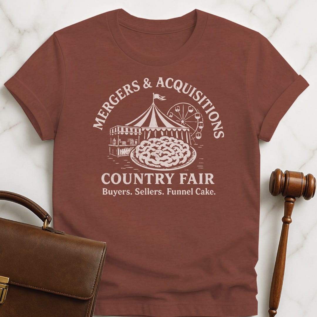 funny attorney graphic t-shirt that says Mergers and acquisitions county fair buyers sellers funnel cake featuring ferris wheel funnel cake carnival in heather brown
