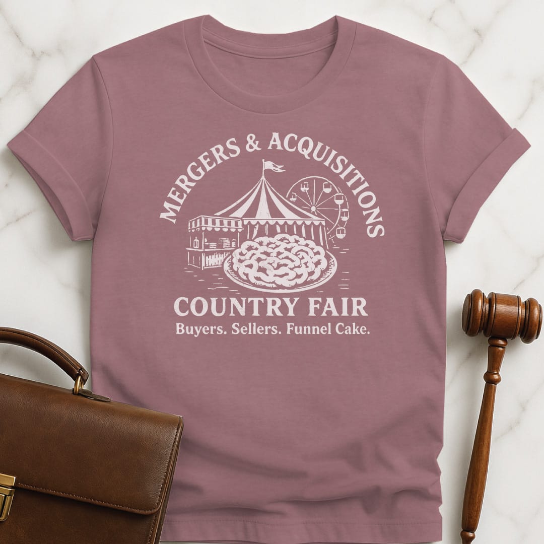 cool lawyer graphic tee that says Mergers and acquisitions county fair buyers sellers funnel cake featuring ferris wheel funnel cake carnival in heather mauve