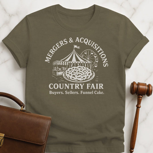 funny attorney graphic tshirt that says Mergers and acquisitions county fair buyers sellers funnel cake featuring ferris wheel funnel cake carnival in heather green