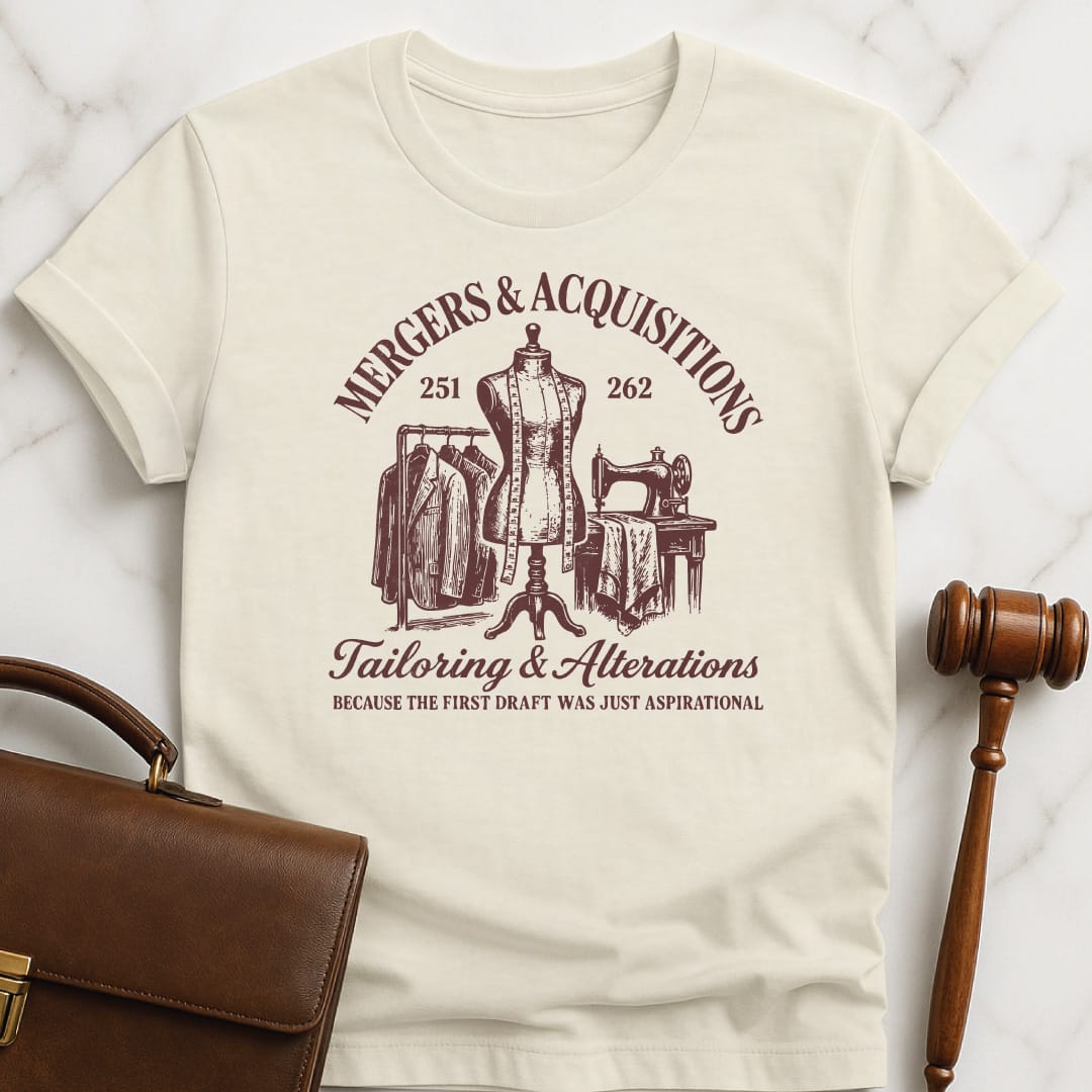funny attorney graphic t-shirt that says ma m a mergers and acquisitions 251 in cream