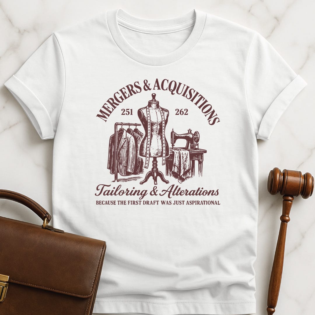 cool lawyer graphic t shirt that says ma m a mergers and acquisitions 251 in white