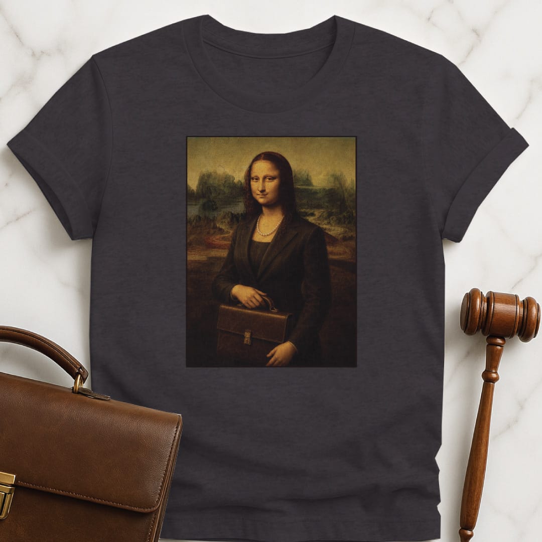 cool attorney graphic tee featuring mona lisa dressed as a lawyer in black