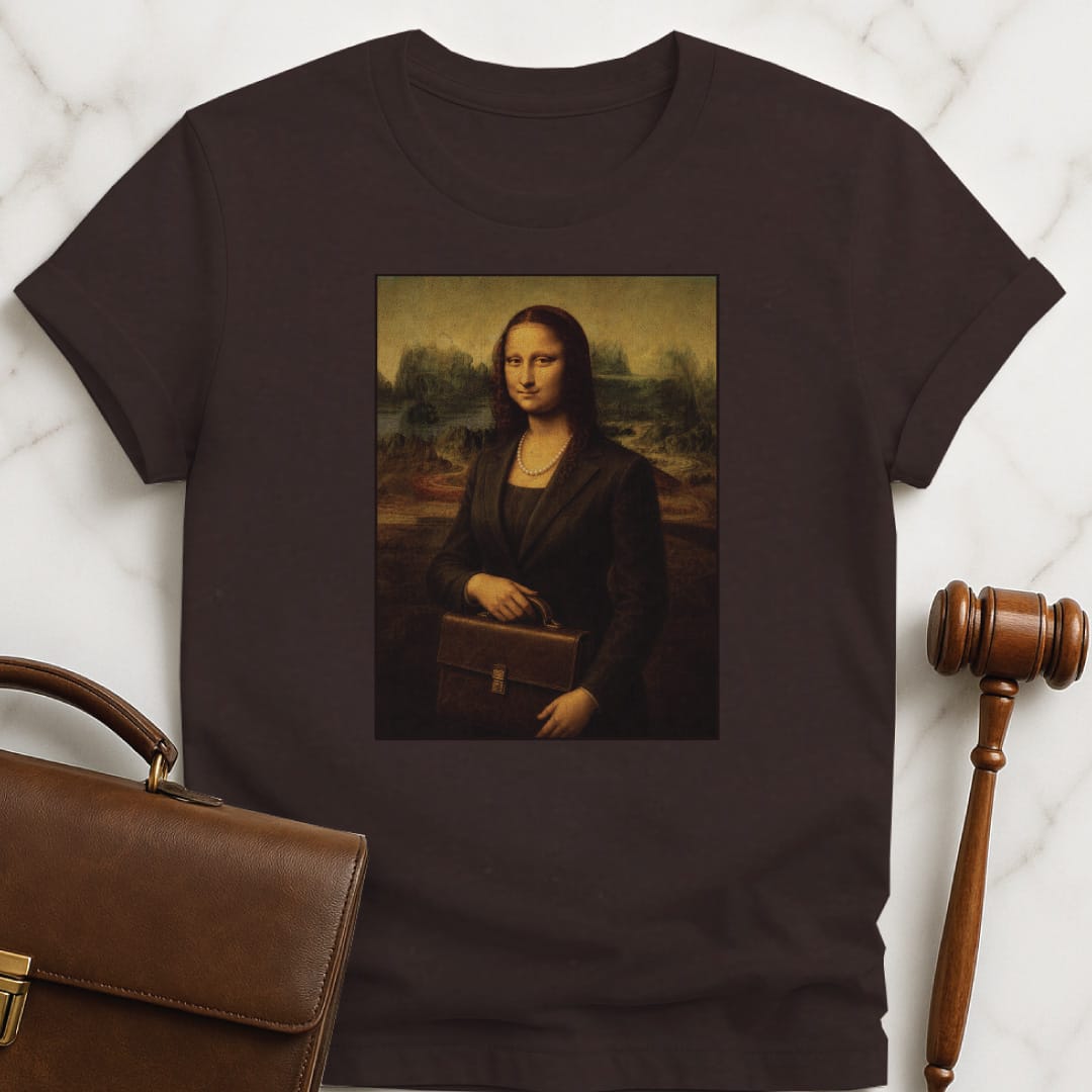 funny law school t-shirt featuring mona lisa dressed as a lawyer in brown
