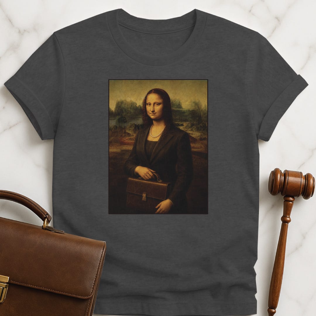 cool law graduate tee featuring mona lisa dressed as a lawyer in grey