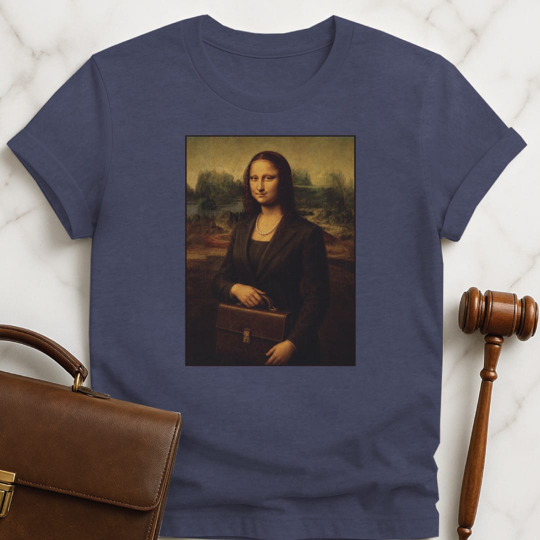 funny new lawyer graphic t-shirt featuring mona lisa dressed as a lawyer in heather blue
