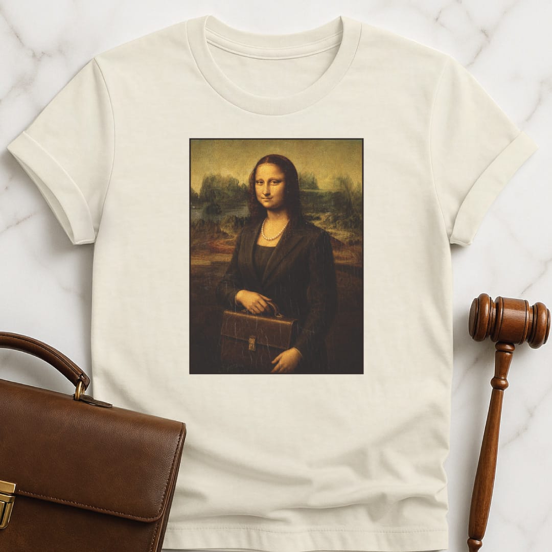 cool new attorney graphic t shirt featuring mona lisa dressed as a lawyer in cream