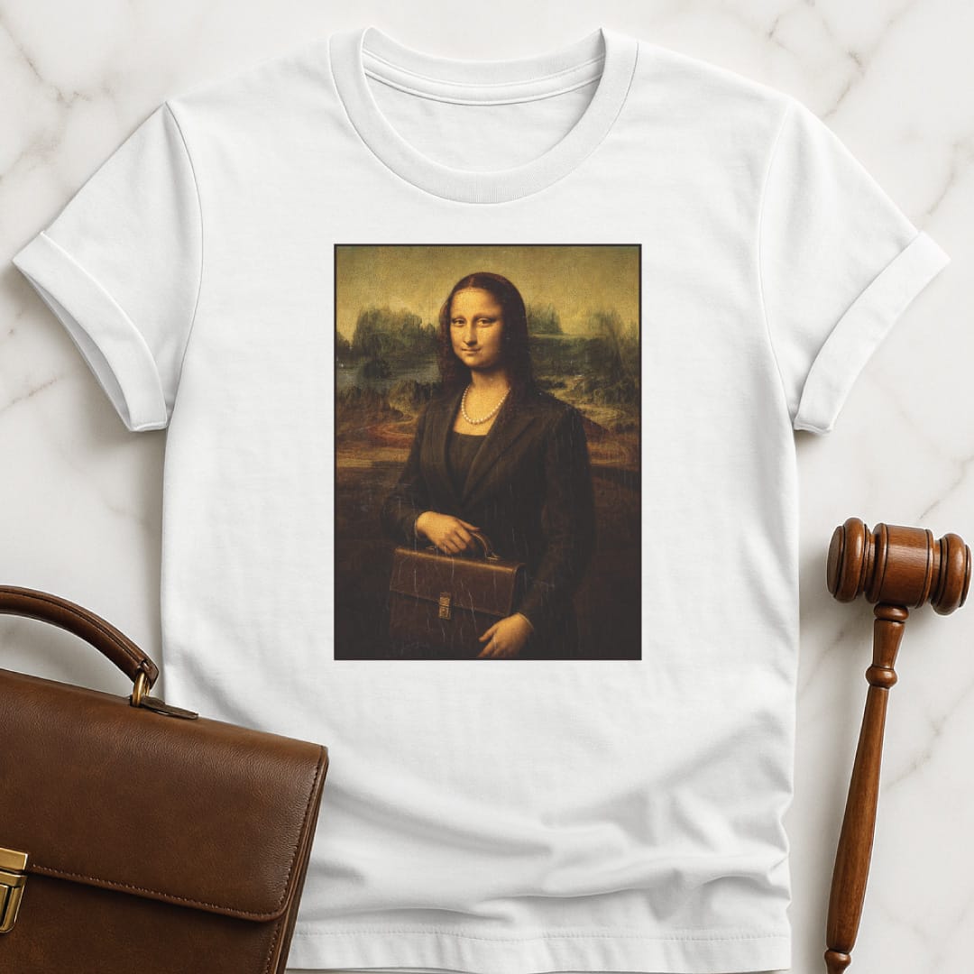 funny lawyer graphic tshirt featuring mona lisa dressed as a lawyer in white