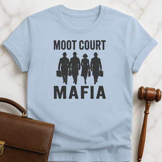 funny attorney graphic tshirt that says Moot Court Mafia featuring silhouette of men in hats and a woman and briefcases in blue