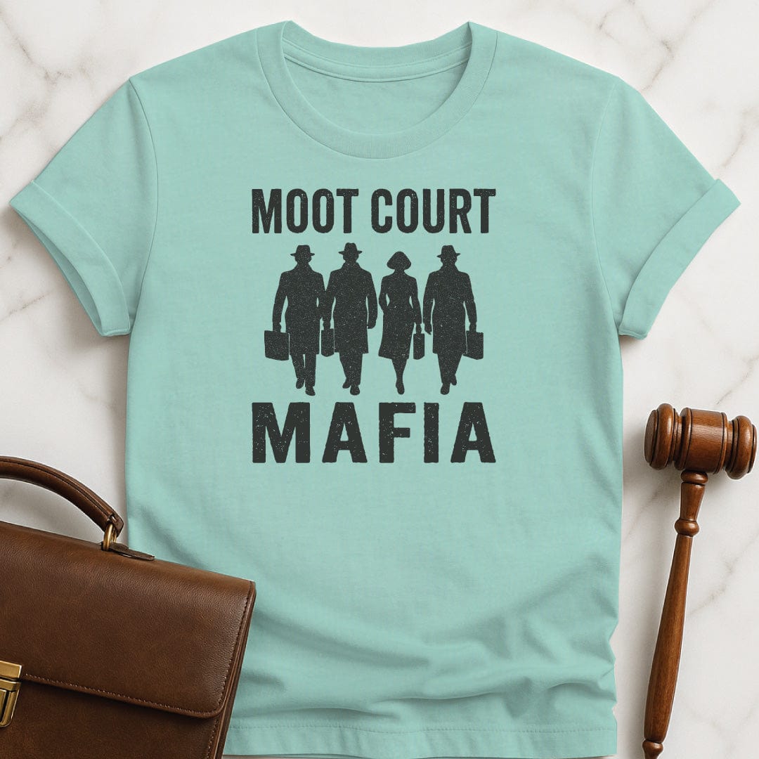 funny law school grad graphic tshirt that says Moot Court Mafia featuring silhouette of men in hats and a woman and briefcases in heather green