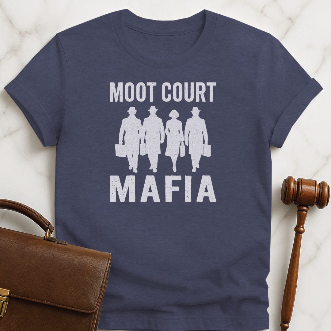 cool law grad graphic tee that says Moot Court Mafia featuring silhouette of men in hats and a woman and briefcases in heather blue