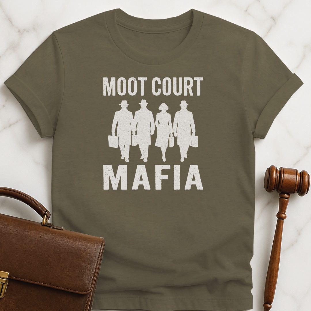 funny new attorney t-shirt that says Moot Court Mafia featuring silhouette of men in hats and a woman and briefcases in heather green