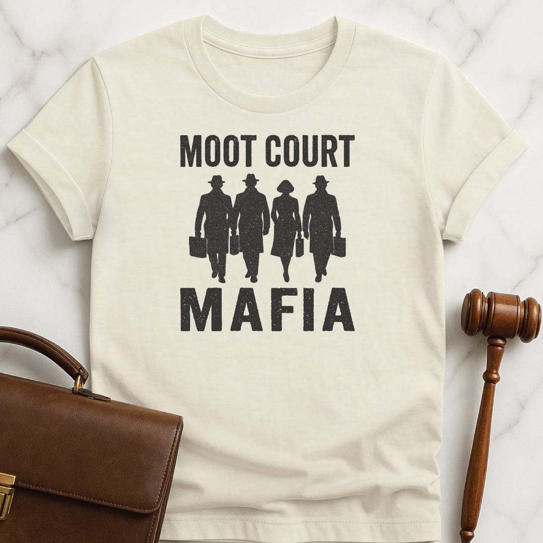 cool law school graduate graphic t shirt that says Moot Court Mafia featuring silhouette of men in hats and a woman and briefcases in cream