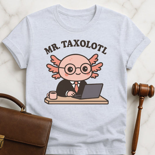 funny new attorney graphic tshirt featuring axolotol in a business suit at a desk with a laptop and a mug in grey