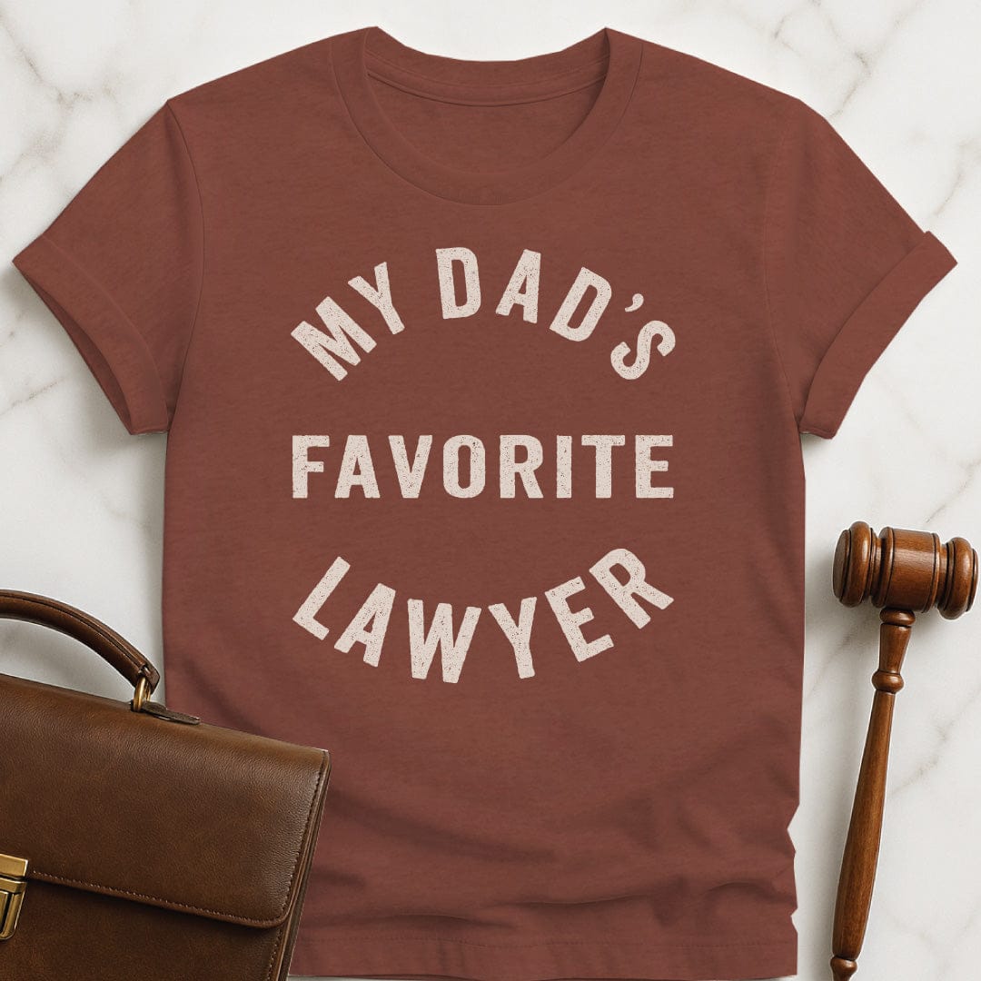cool new attorney graphic tee that says My Dads Favorite Lawyer in heather brown