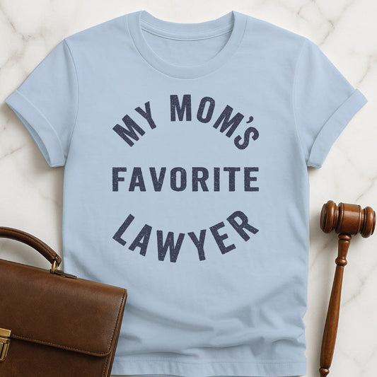 funny law graduate t-shirt that says my moms favorite lawyer in blue