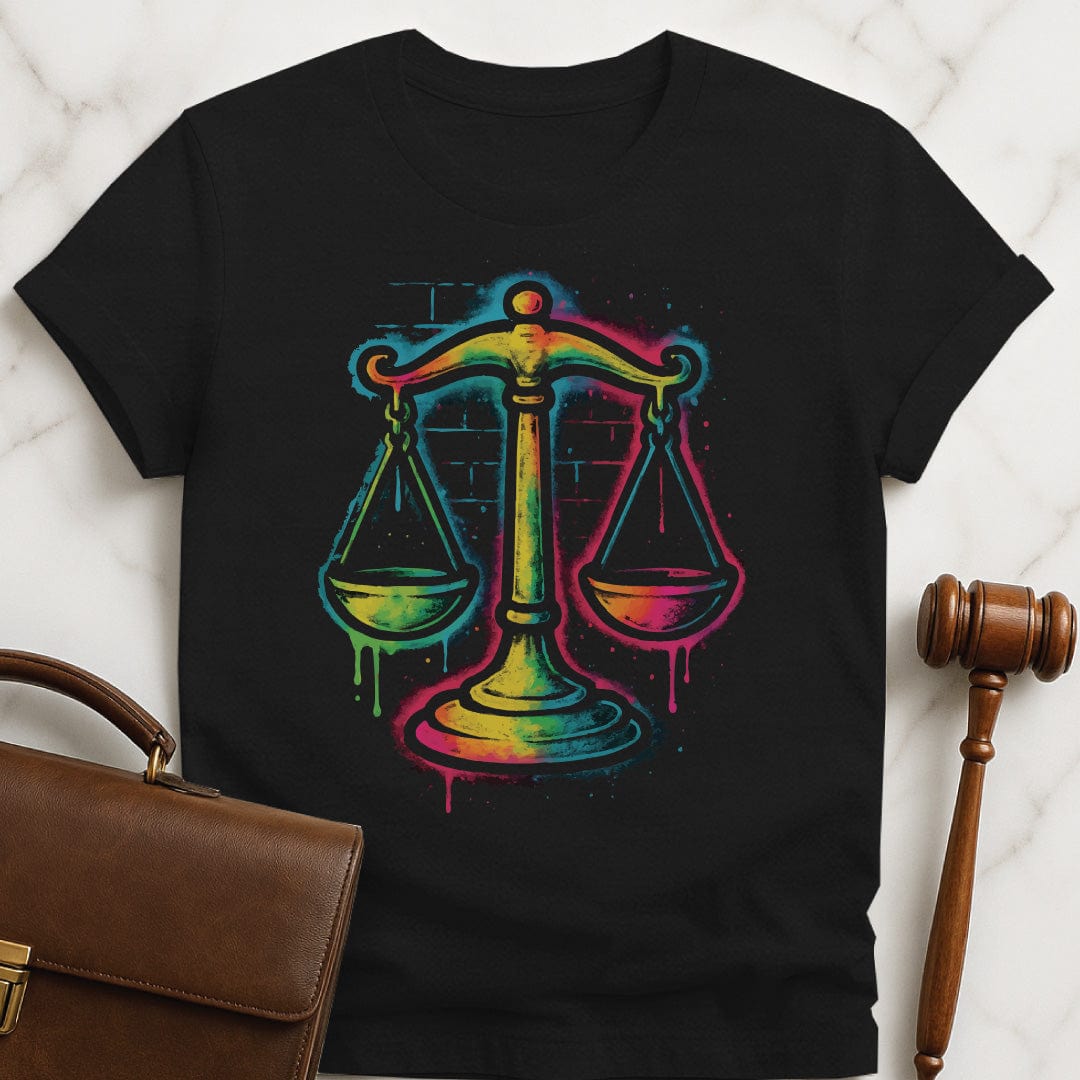 cool law graduate t-shirt featuring colorful spraypaint style colors of justice in black