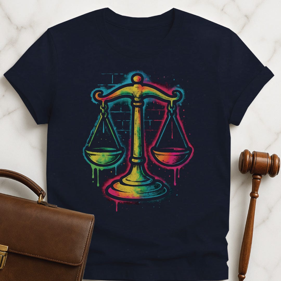 cool law student graphic tshirt featuring colorful spraypaint style colors of justice in blue