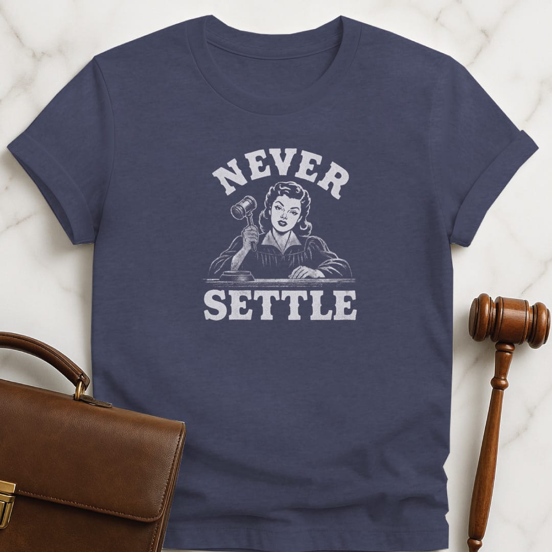 cool law graduate tee that says never settle featuring retro vintage woman judge in heather blue
