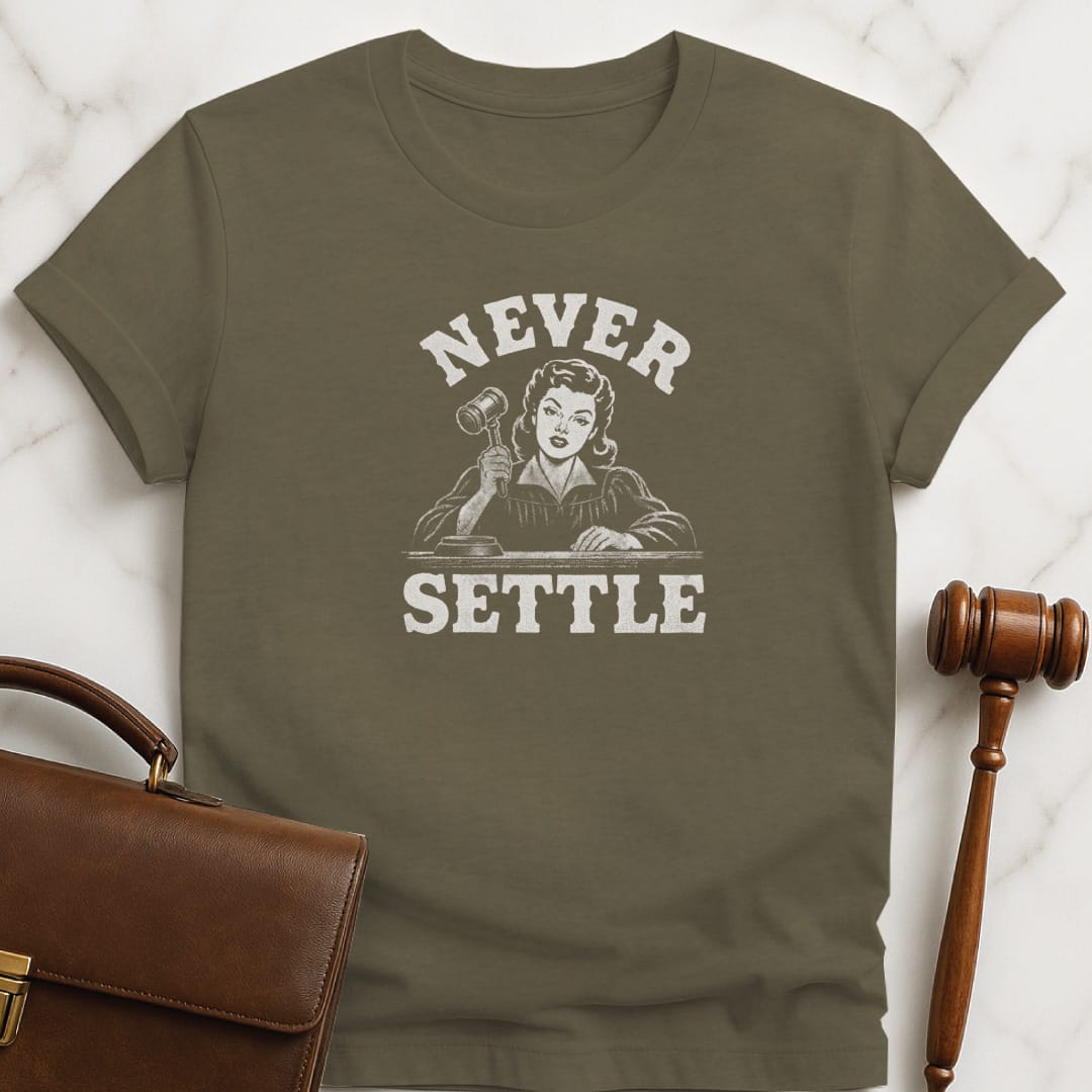 funny lawyer graphic tshirt that says never settle featuring retro vintage woman judge in heather green
