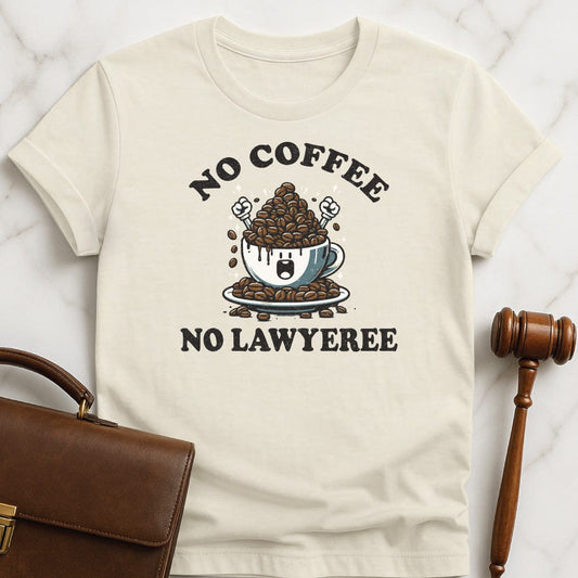 funny law school graduate tshirt that says No coffee no lawyery featuring a coffee with arms in the air and coffee beans in cream