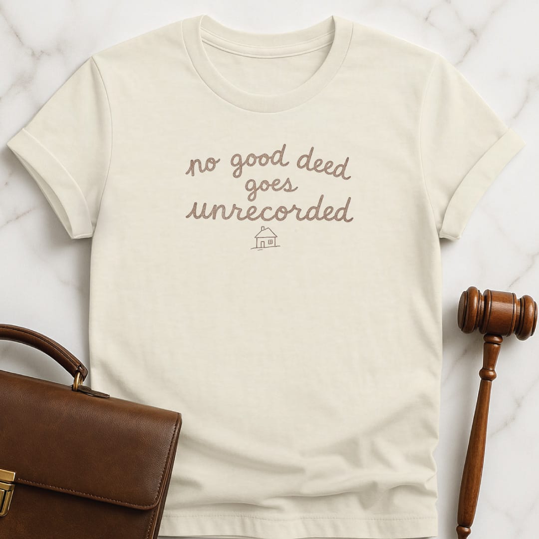 funny law school graduate tshirt that says No good deed goes unrecorded featuring house in cream