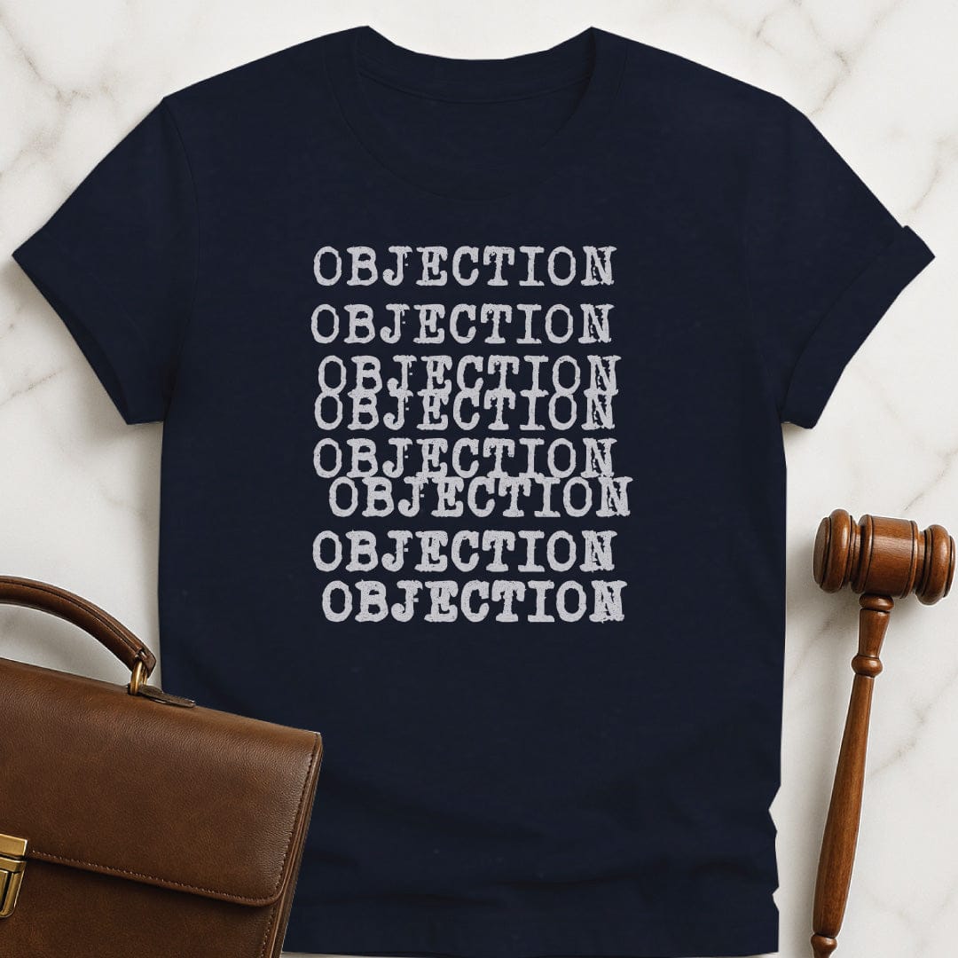 cool law student t-shirt that says objection written several times in typewriter font in blue