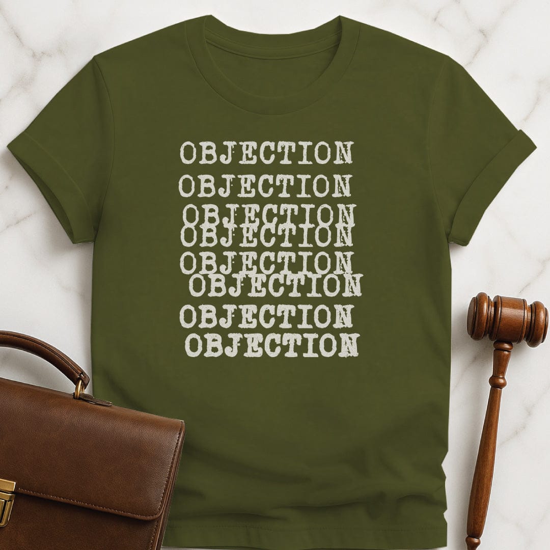 cool new attorney graphic tshirt that says objection written several times in typewriter font in green