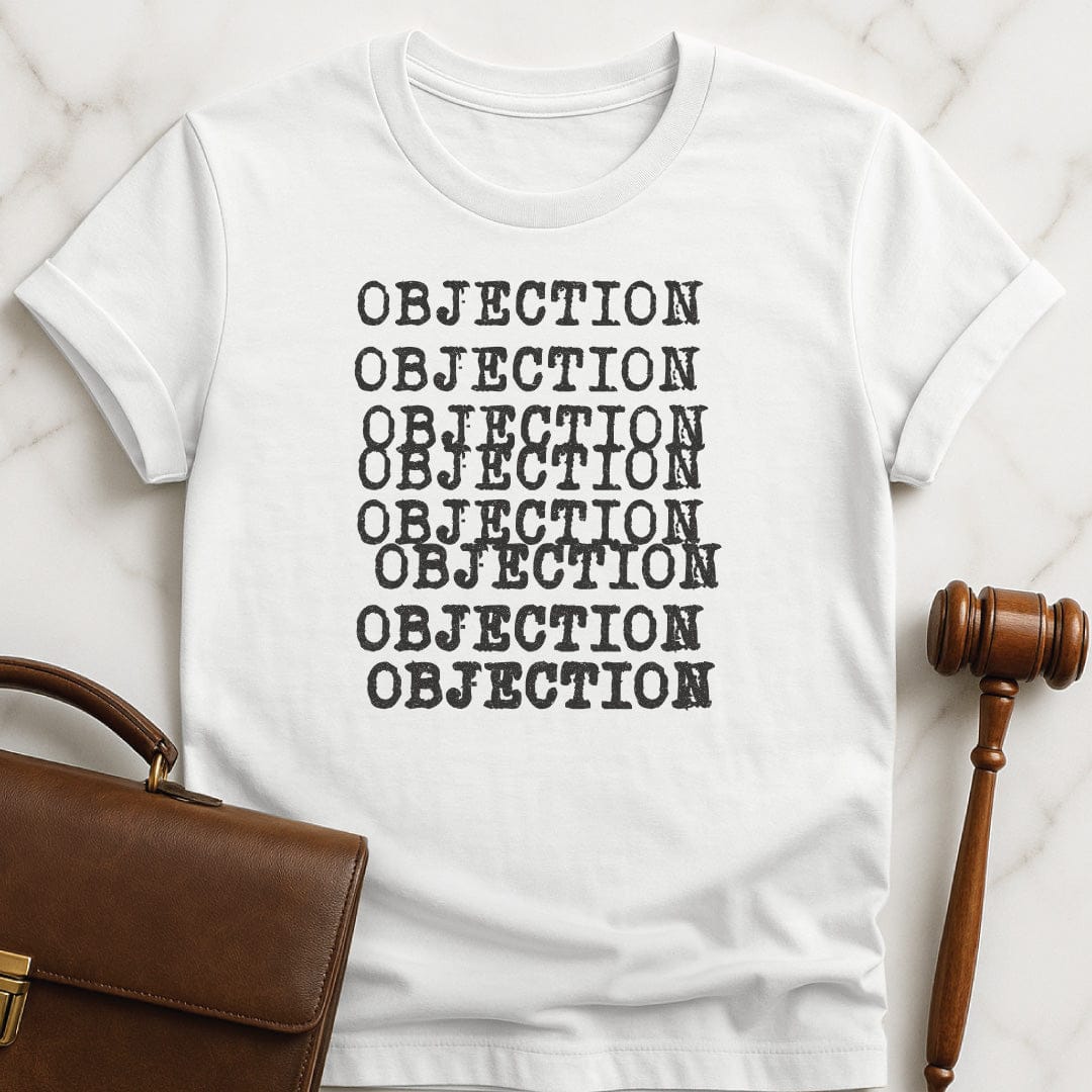 cool new attorney t-shirt that says objection written several times in typewriter font in white