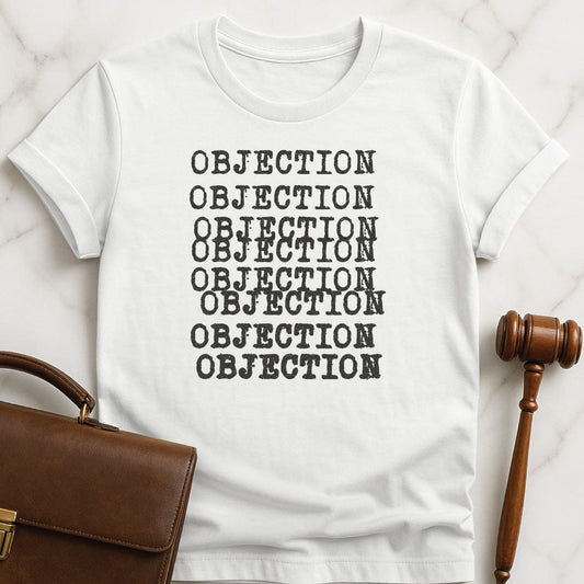 cool new attorney t-shirt that says objection written several times in typewriter font in white