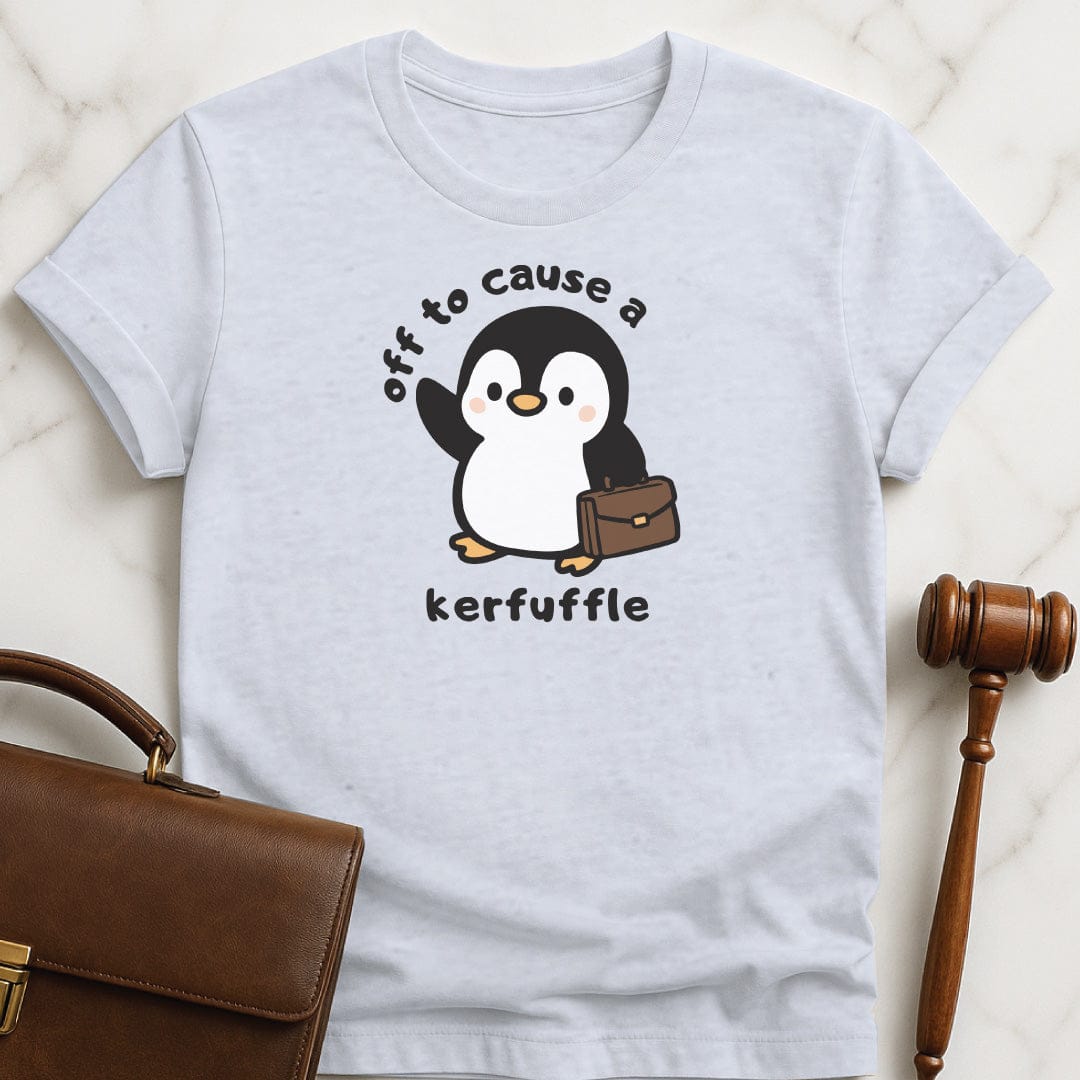 cute lawyer graphic tshirt that says off to cause a kerfuffle featuring penguin with a brief case in grey