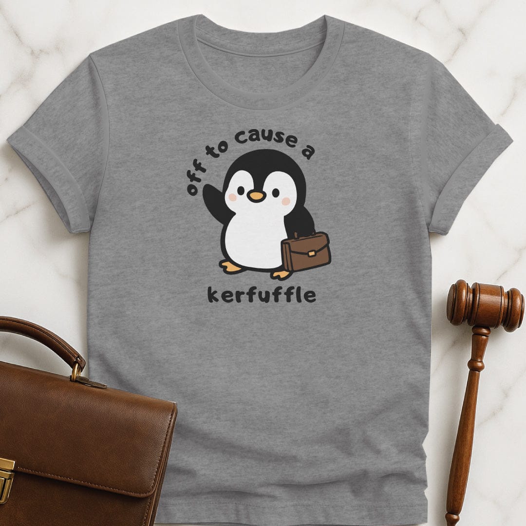 cute law school graduate tshirt that says off to cause a kerfuffle featuring penguin with a brief case in grey