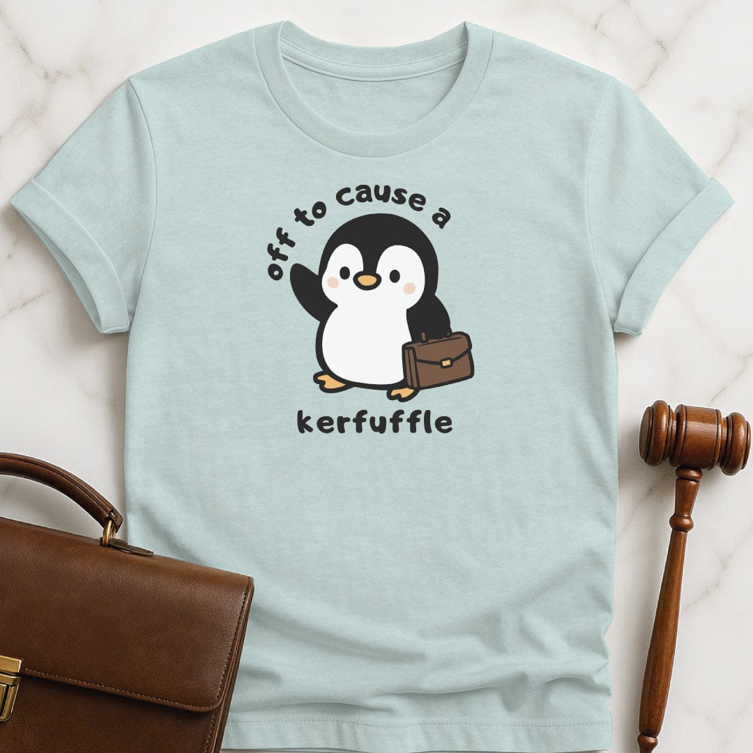 adorable attorney graphic tee that says off to cause a kerfuffle featuring penguin with a brief case in heather blue