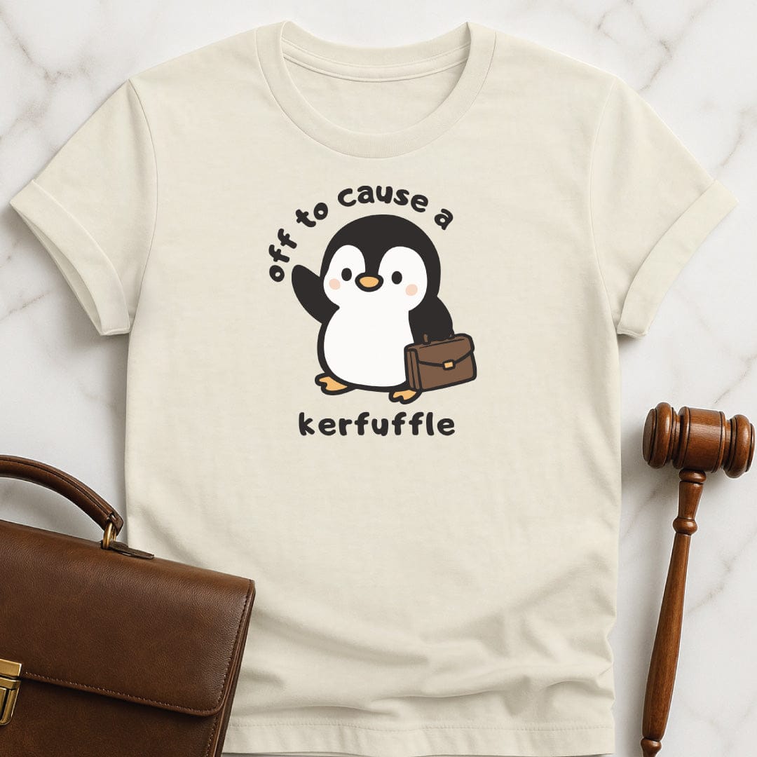 adorable law graduate tee that says off to cause a kerfuffle featuring penguin with a brief case in cream