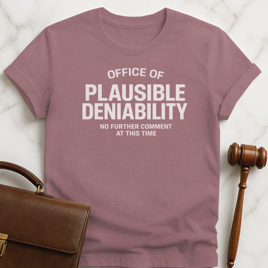 cool lawyer graphic tee that says Office of plausible deniability no comment at this time in heather mauve