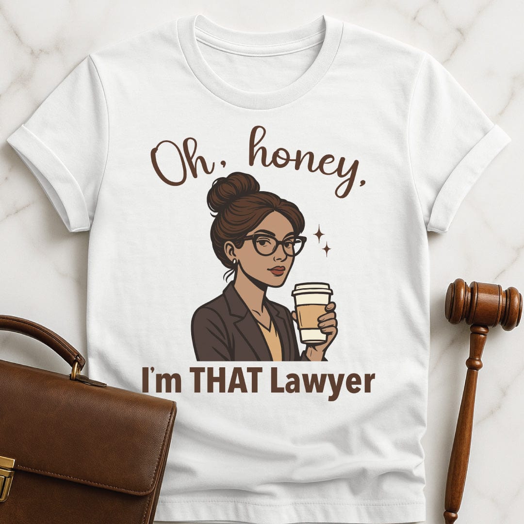 funny lawyer graphic tee that says oh honey im that lawyer featuring a woman of color with glasses and a gray suit in white