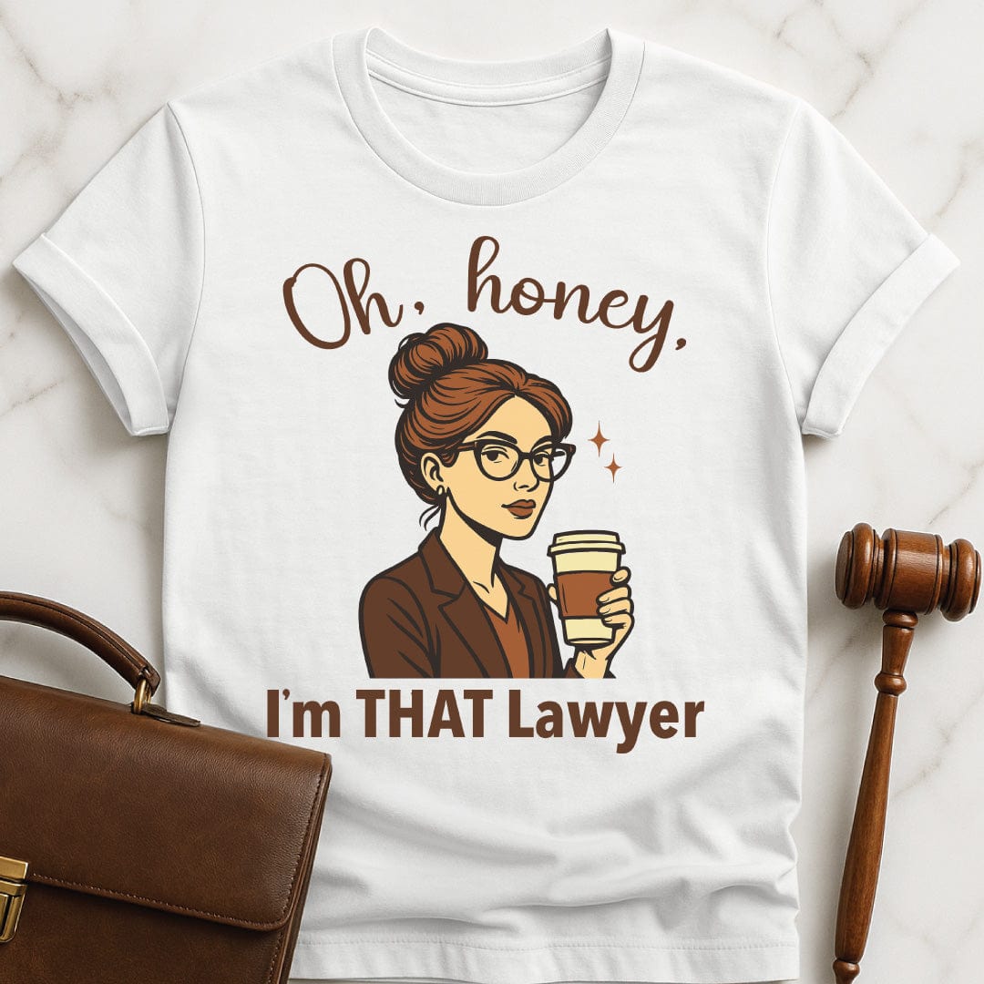 funny law grad t shirt that says Oh honey im that lawyer featuring a white woman with glasses and a grey suit in white