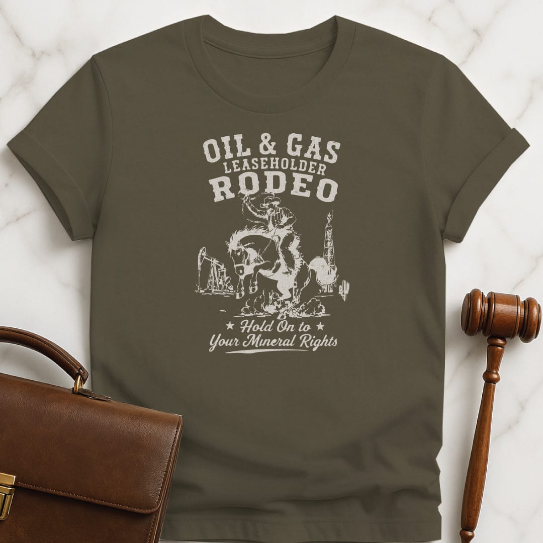 cool lawyer graphic tee that says oil and gas leaseholder rodeo hold onto your mineral rights featuring cowboy on a horse at a rodeo with oil and gas in background in green