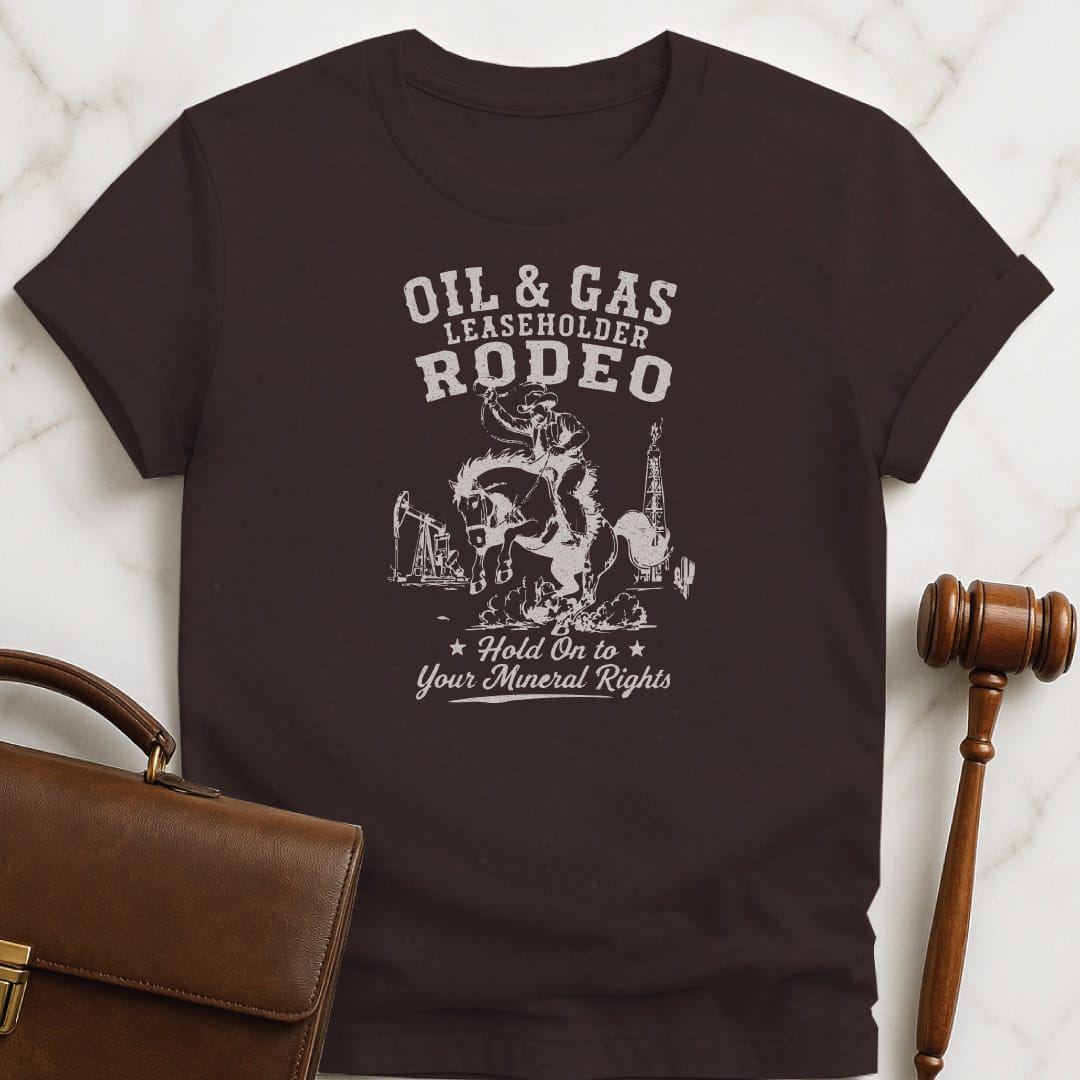 cool lawyer tee that says oil and gas leaseholder rodeo hold onto your mineral rights featuring cowboy on a horse at a rodeo with oil and gas in background in brown