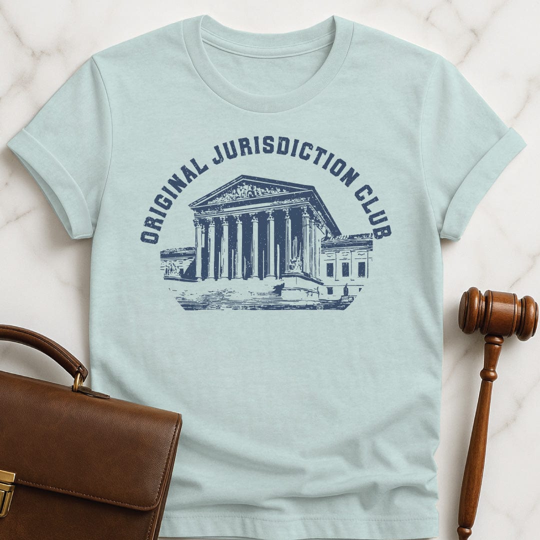 cool law school grad graphic t-shirt that says original jurisdiction club featuring the Supreme Court building in heather blue