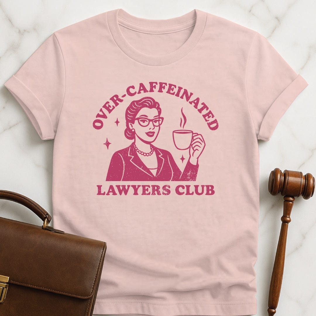 cool new lawyer graphic t shirt that says Overcaffeinated lawyers club featuring retro woman lawyer drinking coffee in pink