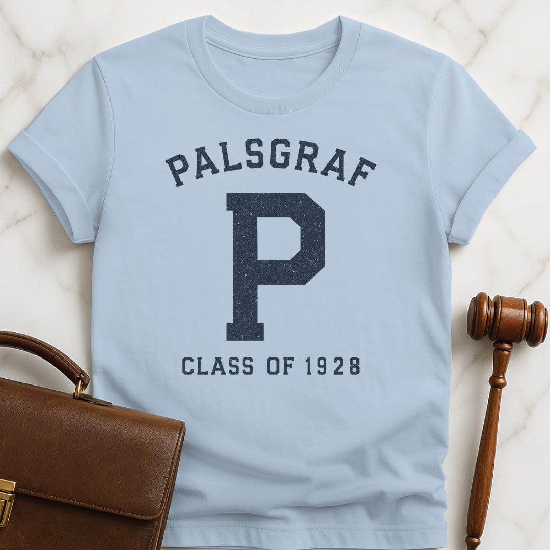 funny law school graphic t shirt that says Palsgraf P Class of 1928 in blue