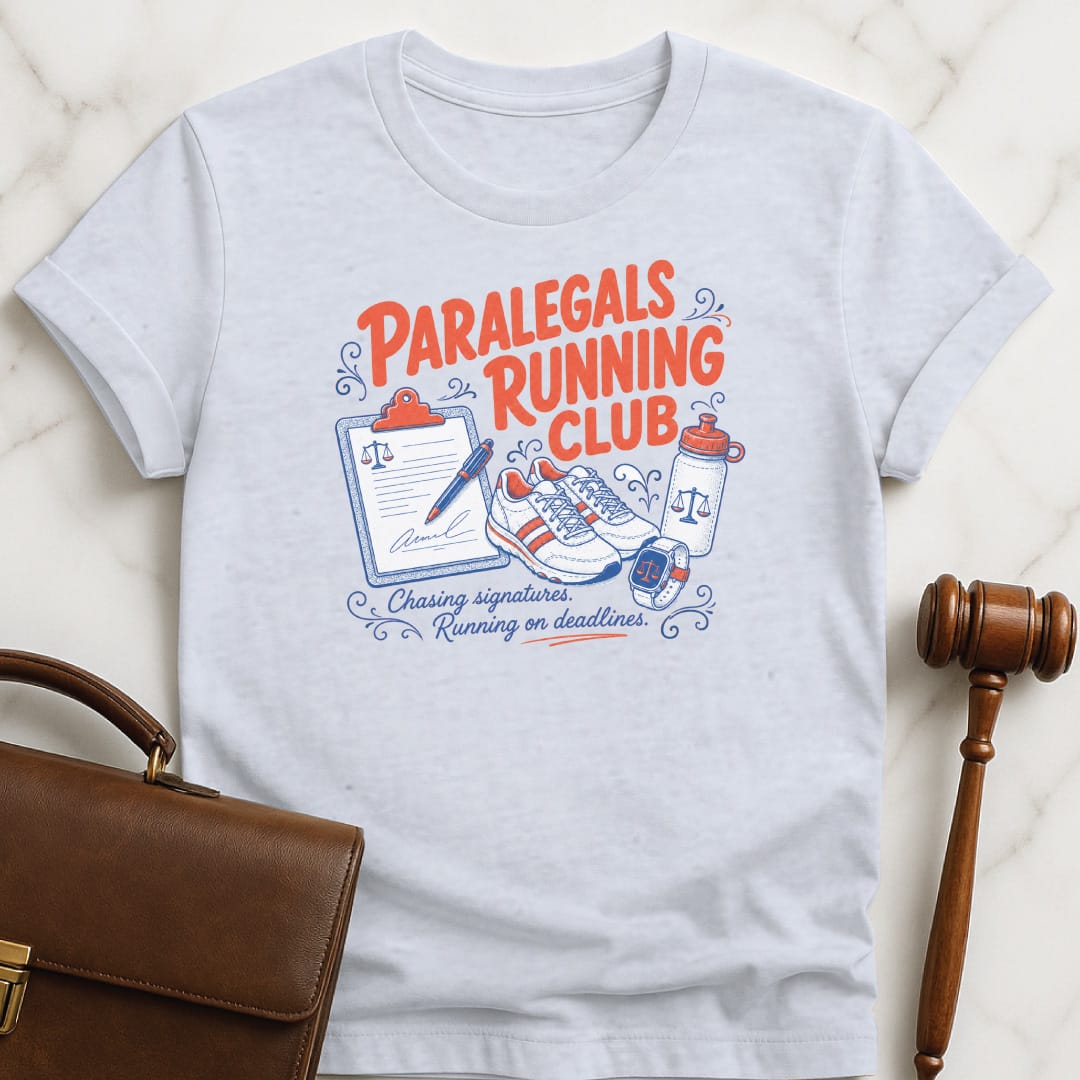 cool attorney graphic t shirt that says paralegals running club chasing signatures running on deadlines featuring running shoes and clipboard and water and watch in grey