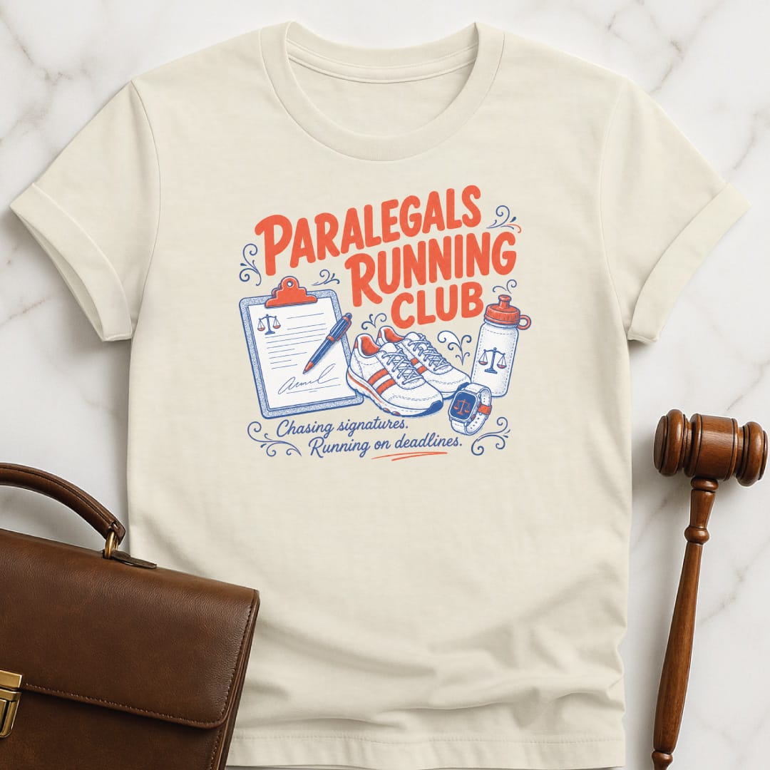 cool attorney tee that says paralegals running club chasing signatures running on deadlines featuring running shoes and clipboard and water and watch in cream