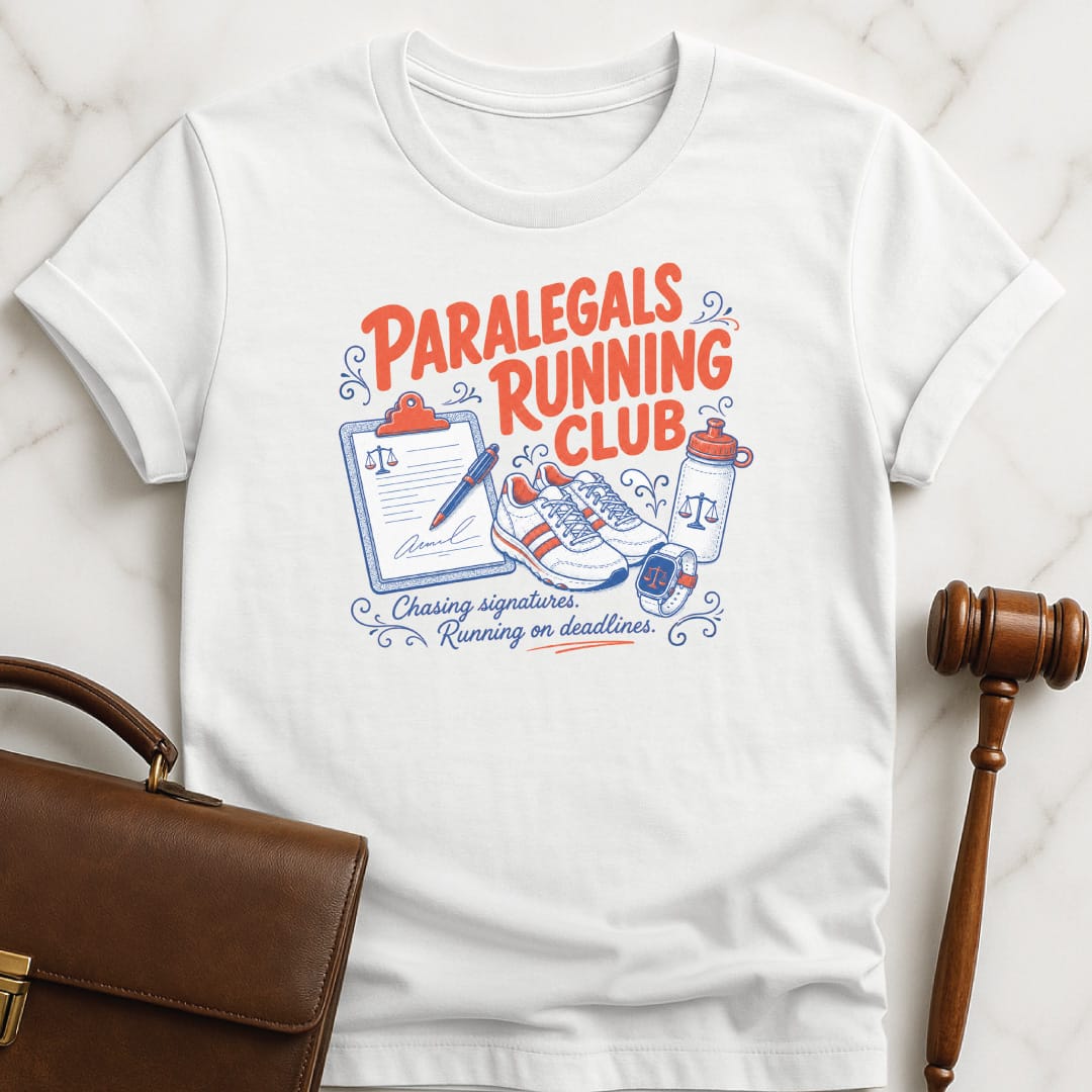 funny lawyer graphic t-shirt that says paralegals running club chasing signatures running on deadlines featuring running shoes and clipboard and water and watch in white