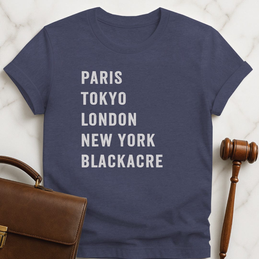 humorous new lawyer t shirt that says Paris Tokyo London New York Blackacre in heather blue